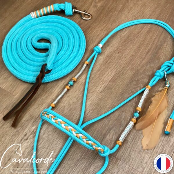 Ensemble licol, longe et bijou plumes turquoise, caramel et crème