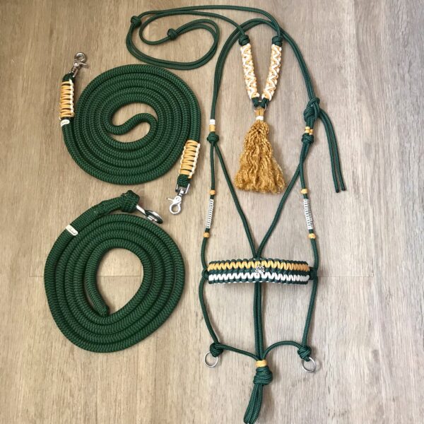 Ensemble licol, rênes, longe et cordelette vert foncé, caramel, crème – Image 2