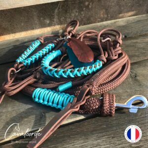 Ensemble licol, longe, cordelette et bijou plumes marron et turquoise