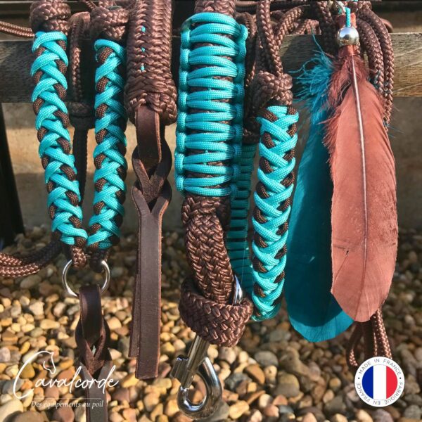 Ensemble licol, longe, cordelette et bijou plumes marron et turquoise – Image 3